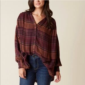Sz Large Free People "Come On Over" Plaid Oversized Cotton Blend Tunic
